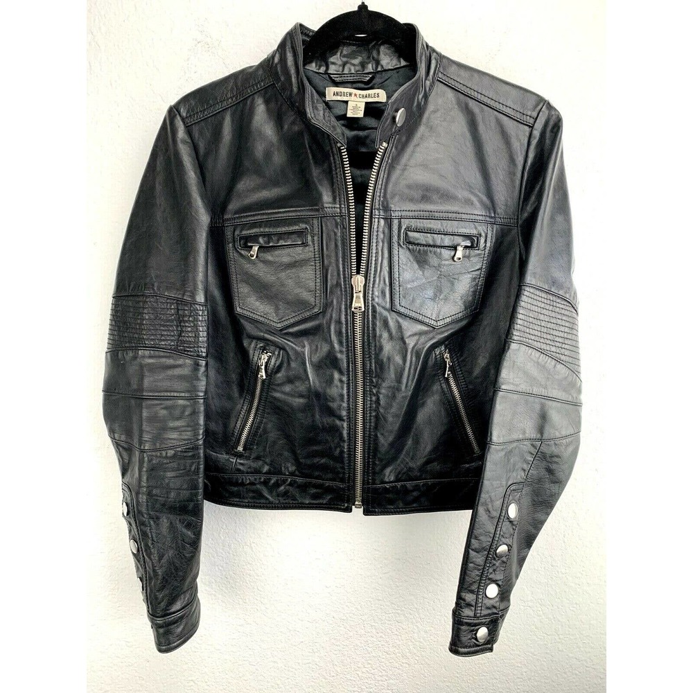 Andrew Charles Leather Jacket Moto Biker Black Womens Size S Small